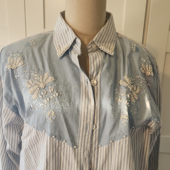VINTAGE JANE ASHLEY Chambray WESTERN TOP w/ PEARLS  EMBROIDERY SZ 1X Blue Stripe - Picture 3 of 7